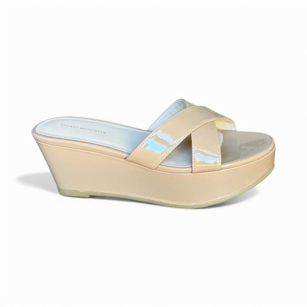 Stuart Weitzman Avenue 65 Flatform Wedge Slide Beige Sandal Size 6.5 NEW